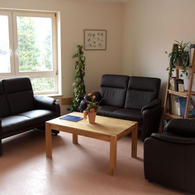 Das Bild zeigt ein helles Wohnzimmer mit einem großen Fenster. Es gibt zwei braune Sofas und einen Sessel um einen Holztisch. Pflanzen und ein Regal mit Büchern schmücken den Raum. Die Wände sind warm beige gestrichen.