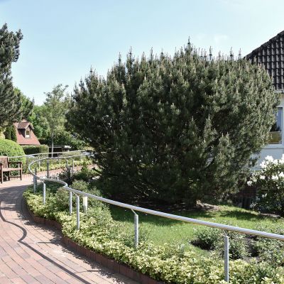 Gepflasterter Weg mit Geländer, umgeben von grünen Büschen und Bäumen. Rechts ist ein weißes Gebäude mit Dachfenstern. Links stehen Holzbänke. Der Himmel ist klar und sonnig.